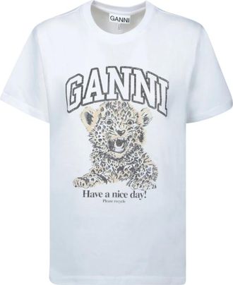 Ganni Basic Jersey Luipaard Relaxed T-shirt - Dames - Tops - Wit - Maat: L Jersey