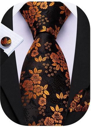 Barry.Wang Mens Floral Ties Set Silk 63inch Necktie Royal Gold Handkerchief Cufflinks for Formal Wedding Business