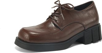 Generic Womens Lace Up Vintage Oxfords Low Block Heel Platform Dress Shoes Round Toe PU Leather Casual Shoes,Brown,4.5 UK