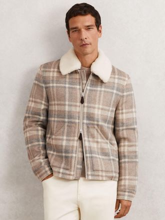 Reiss Oatmeal Brown Wool-blend Check Fleece-collar Jacket, XS