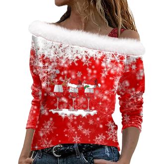 Generic Womens Red Off Shoulder Christmas Jumper - Long Sleeve, Loose Fit, Lightweight, Cotton/Polyester, Glam, Sequin, Winter, Rib, Size 26