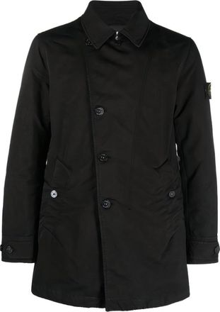 Stone Island Structured Black Coat With Button-Up Front