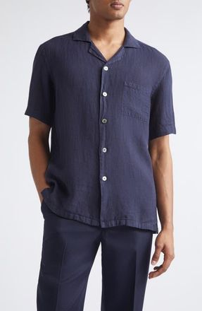 Thom Sweeney Linen Camp Shirt in Navy at Nordstrom, Size X-Large