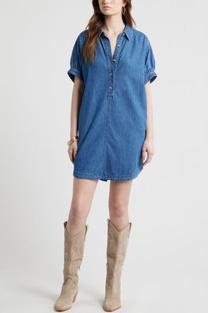 Treasure & Bond Chambray Polo High-Low Shift Dress in Medium Wash at Nordstrom, Size Xx-Small