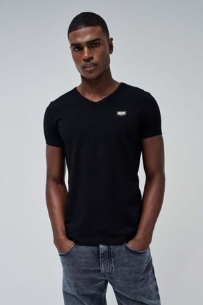 Salsa T-Shirt SALSA Salsa Jeans T-Shirt Vneck Cotton Lycra T-Shirt Metal Badge, Herren, Gr. S, schwarz, Obermaterial: 95% Baumwolle CO. 5% Elasthan EL., Shi