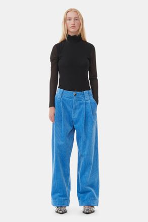 Ganni Blue Corduroy Loose Pleat Trousers - Size 36 Organic Cotton