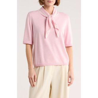 Halogen Tipped Tie Neck Short Sleeve Sweater in Charming Pink/Ivory at Nordstrom Rack, Size X-Small
