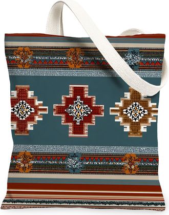 Generic Vintage Bohemian Canvas Tote Bags, Stylish Geometric Patterns Reusable Grocery Bags, Lightweight Washable Shoulder Strap Ca, Teal, 13x15 Inch