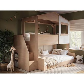 Flair Dreamland House Triple Bunk Bed with Staircase in Light Oak | Size: Small Double