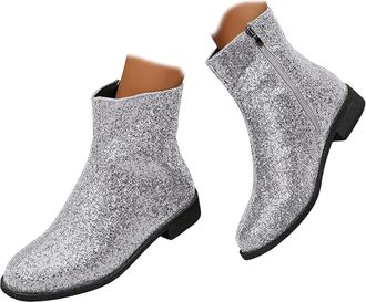 Generic Round Toe Low Chunky Heels Glitter Booties - Sparkle Ankle Boots for Women, Side Zipper Shiny Evening Boots with Chunky Block Heel (Silver,4.5)