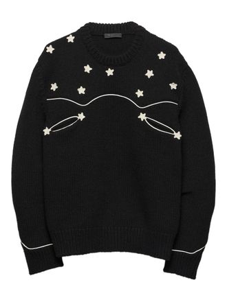 Prada star-embroidered ribbed knit sweater - men - Wool - 52 - Black