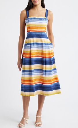 Julia Jordan Stripe Cotton Blend Midi Dress in Orange Multi at Nordstrom, Size 14