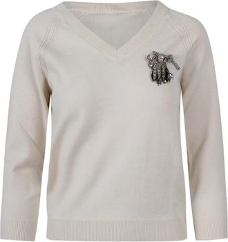 N&deg;21 V-hals Trui met Broche - Dames - V-hals truien - Beige - M - Truien & Vesten