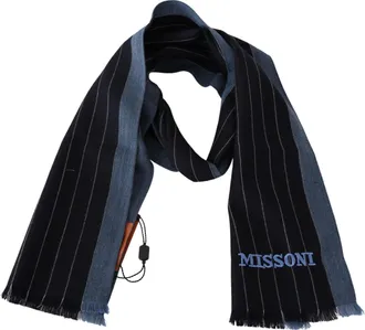 Missoni Mens Black Blue Striped Wool Unisex Wrap Scarf Silk