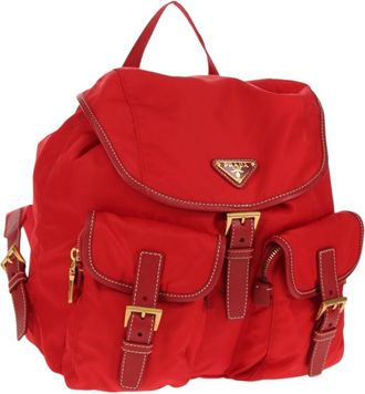 Prada Vela Double Front Pocket Backpack Tessuto With Saffiano Leather Red Nylon Backpack Bag (Pre-Owned)