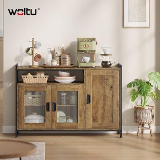 Woltu Woltu Aparador De Cocina, Mueble De Pie Con 3 Puertas Y 2 Estantes Ajustables, Ideal Para Comedor, Cocina, Sala De Estar O Recibidor, Marr&oacute;n Efecto Ma