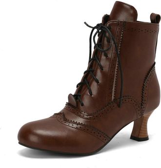 Generic Womens 5.5cm Kitten Heel Brogue Ankle Boots with Lace-Up,Vintage-Style,Brown,6.5 UK