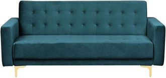 Beliani Sofa Bed Teal Velvet Tufted Fabric Modern Living Room Modular 3 Seater Gold Legs Track Arm ABERDEEN