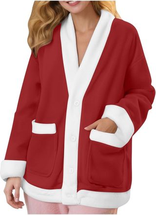 Generic Fleece Bed Jackets for Women UK Soft Fluffy Fuzzy Teddy Coat Casual Button Down V Neck Pyjamas Jackets Thickened Plush Home Wear Comfy Nightwear with 