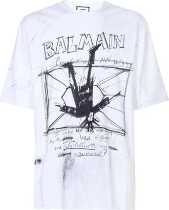 Balmain Mens Balmain Sketch Drawing Logo White T-Shirt - Size: 44