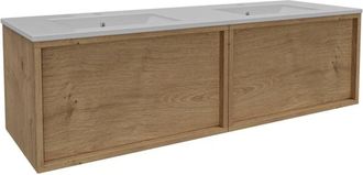 Saniclass Holz Frame Badkamermeubelset - 140x45x40cm - keramische wastafel wit - 2 wasbakken - 2 kraangaten - 2 lades - Eiken Natural