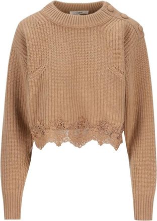 Chlo&eacute; Truien & Vesten, Dames, Beige, S, Wol, Cropped kanten trui