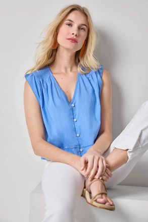Lilla P Smocked Shoulder V-Neck Top In Ultramarine