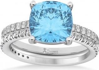 Allurez Blue Topaz & Diamond Cushion-Set Semi-Eternity Bridal Set 14K White Gold (3.22ct)