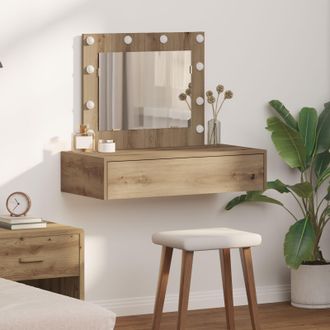 Berkfield Home Wall Hanging Dressing Table with LED Lights Artisan Oak in Brown
