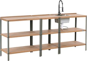 Beliani Conjunto De 3 Islas De Madera De Acacia Para Cocina Exterior Con Fregadero Y Grifo Estantes Encimera De Madera Maciza Acero Inoxidable Marr&oacute;n/negro Iv