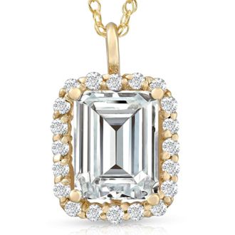 Pompeii3 3 1/2 Ct Emerald Moissanite & Lab Grown Diamond Halo Pendant 14k Gold Necklace