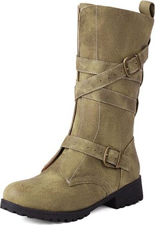 Generic Womens Mid-Calf Boots Cross Strap Buckle Faux Leather Contrast Stitching Round Toe Low Block Heel Lug Sole Reinforced Durable Design,Green,6.5 UK