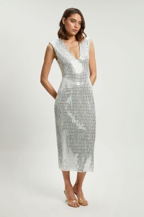 Karen Millen Womens Premium Crystal Embellished Jersey Sleeveless Plunge Neck Midi Dress - White - Size X-Small