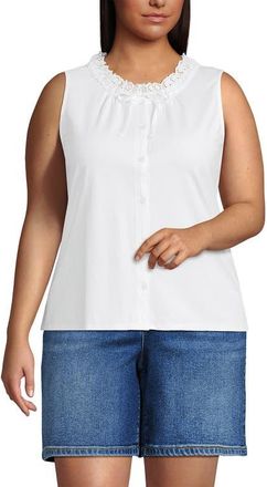 Lands End Lightweight Jersey Button Front Lace Trim Tank in White at Nordstrom, Size 3X