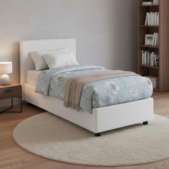 Dmora Cama Individual Dban, Cama Contenedor Con Revestimiento De Tela, 100% Made In Italy, Apertura Frontal, Con Colch&oacute;n Cm 90x190 Incluido, Blanco - Dmora