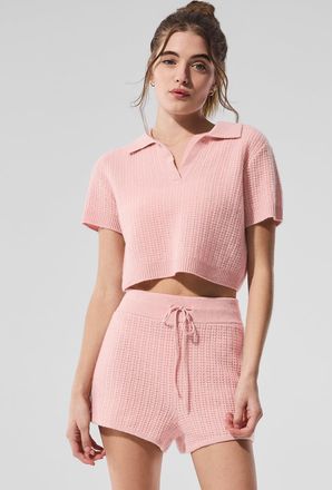 Alo | Cashmere Plush Waffle Polo T-Shirt in Pink Quartz, Size: Medium