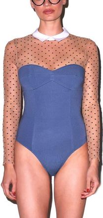 Fleur du Mal Collared Bodysuit with Dotted Tulle in Blue Haze at Nordstrom, Size X-Small
