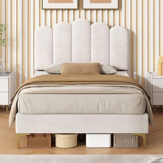 Merax 3ft Single Velvet Tufted Upholstered Bed with Adjustable Headboard in Beige | Size: Double