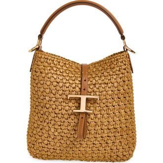 Tod's T Timeless Crochet Raffia & Leather Bucket Bag in Naturale/Kenia at Nordstrom