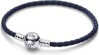 Pandora Moments Round Clasp Blue Braided Leather Bracelet