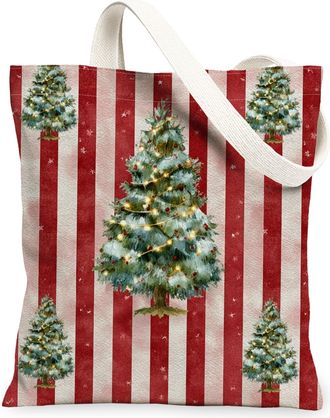 Generic Christmas Tree Canvas Tote Bags, Festive Holiday Pattern Reusable Shopping Bags, Vintage Rustic Lightweight Washable Should, Red, 13x15 Inch