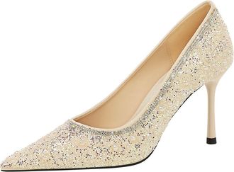 Generic Womens Pumps Stiletto High Heel 8CM Shimmering Sequins Wedding Evening Party Court Shoes-Numeric_6_Point_5 Beige