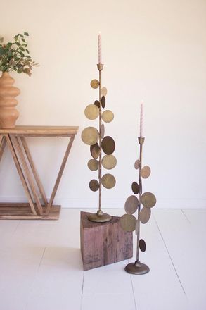 Kalalou Set Of Two Antique Brass Candle Holders With Round Discs Detail