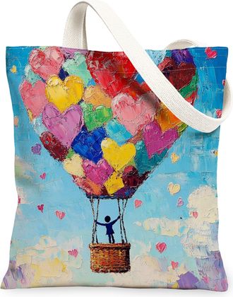 Generic Heart Balloon Canvas Tote Bag, Colorful Romantic Pattern Reusable Shopping Bags, Lightweight Washable Shoulder Strap Canvas Bags for Travel Beach Picn