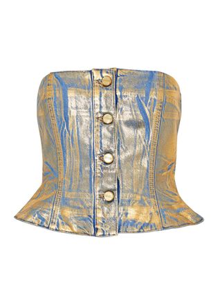 Ganni Foil-print Strapless Denim top - Gold - 40 (UK12 / M)