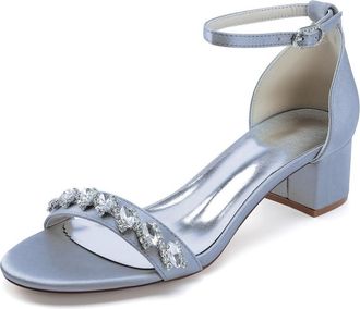 Generic Wedding Shoes Womens Open Toe Satin Chunky Heel Heels Sandals Bridal Shoes Low Heel Prom Party Dress Pumps 4.5Cm,Silver,10 UK