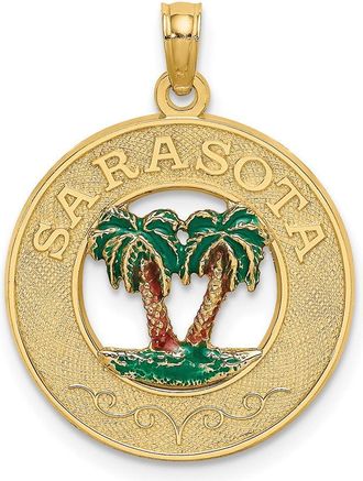 Diamond2Deal 14k Yellow Gold Enameled SARASOTA Circle Palm Tree Charm Pendant