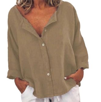 Generic Womens Plain Cotton Linen Shirt Tops Long Sleeve Blouse with Belt Women, khaki, 5XL