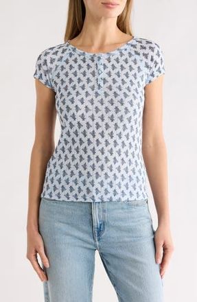 Lucky Brand Pointelle Cap Sleeve Cotton Blend Henley in Blue Multi at Nordstrom Rack, Size X-Large