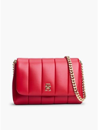 Tommy Hilfiger Womens Monogram Quilted Flap Crossbody Bag - Red